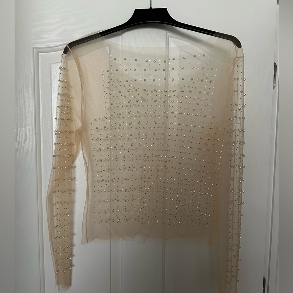 Pearl Rhinestone See Through Long Sleeve Mesh Top